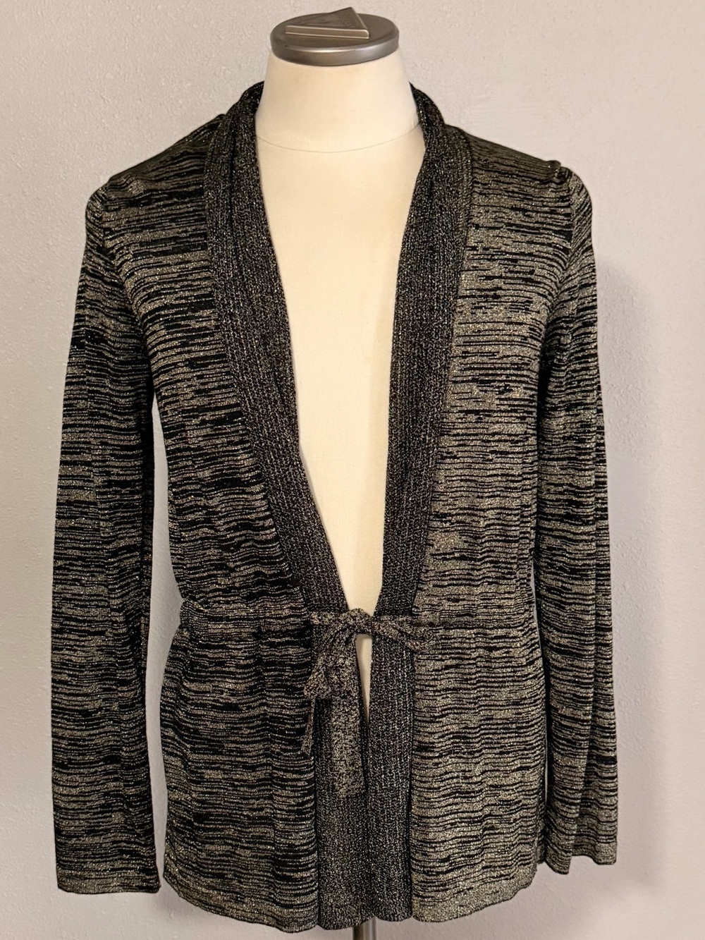 Jones New York Black & Gold Metallic Marled Tie-Front Cardigan Medium